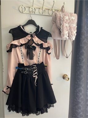 Pink and Black Lace Ruffle Lolita Blouse & Skirt Set JiraiKei